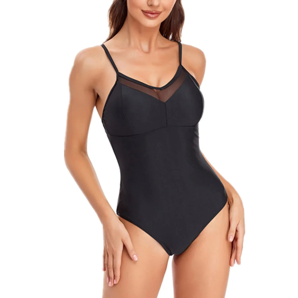 Ladies' solid black backless one-piece swimsuit made from polyester and spandex fabric