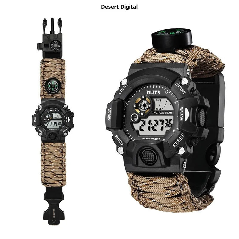 Multifunctional survival bracelet watch with parachute cord strap, firestone, whistle, and compass on a wrist in outdoor setting