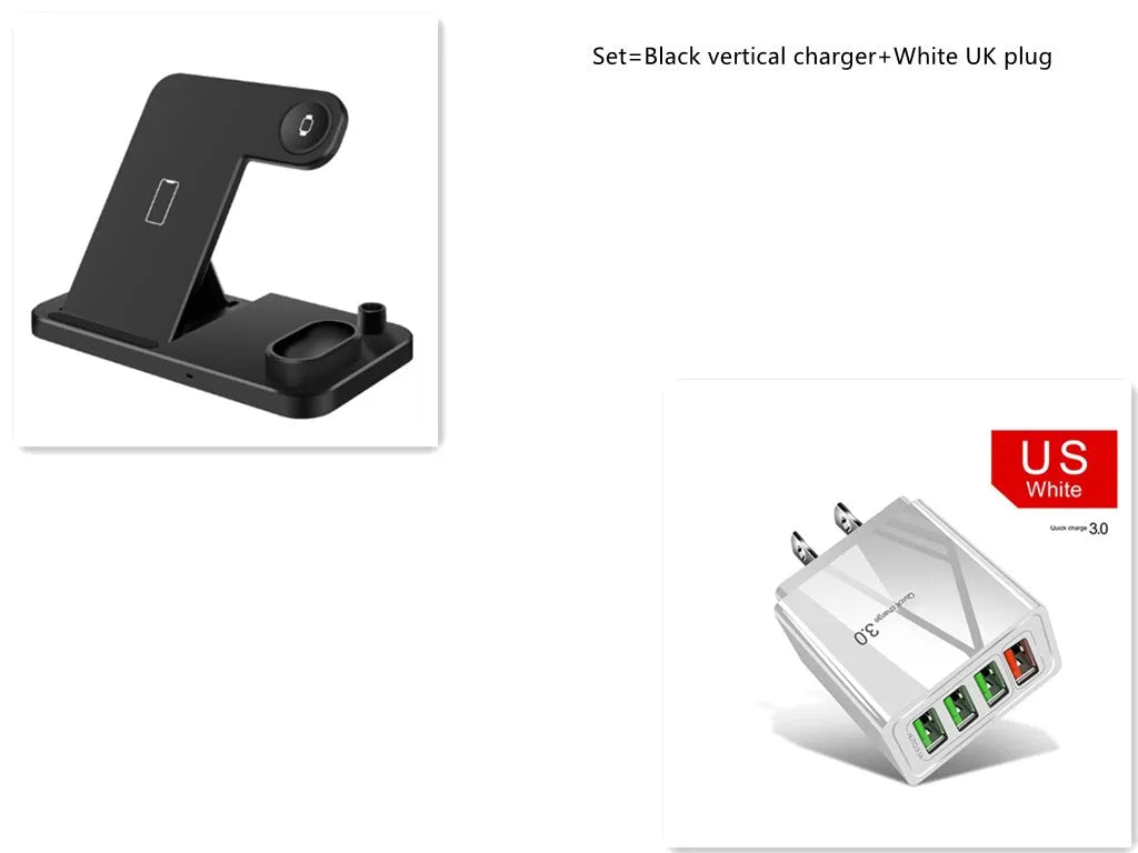 Black and white 4-in-1 wireless charging station showing phone on adjustable stand, Apple Watch, AirPods, and Apple Pencil charging simultaneously.