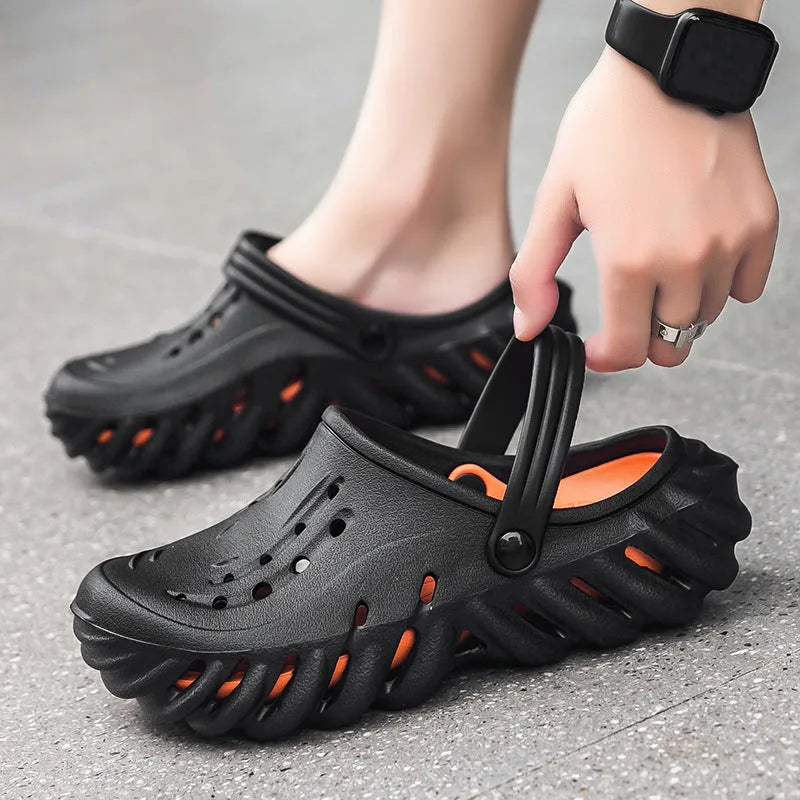 Men's beige EVA slippers sandals with hollow-out design and round toe