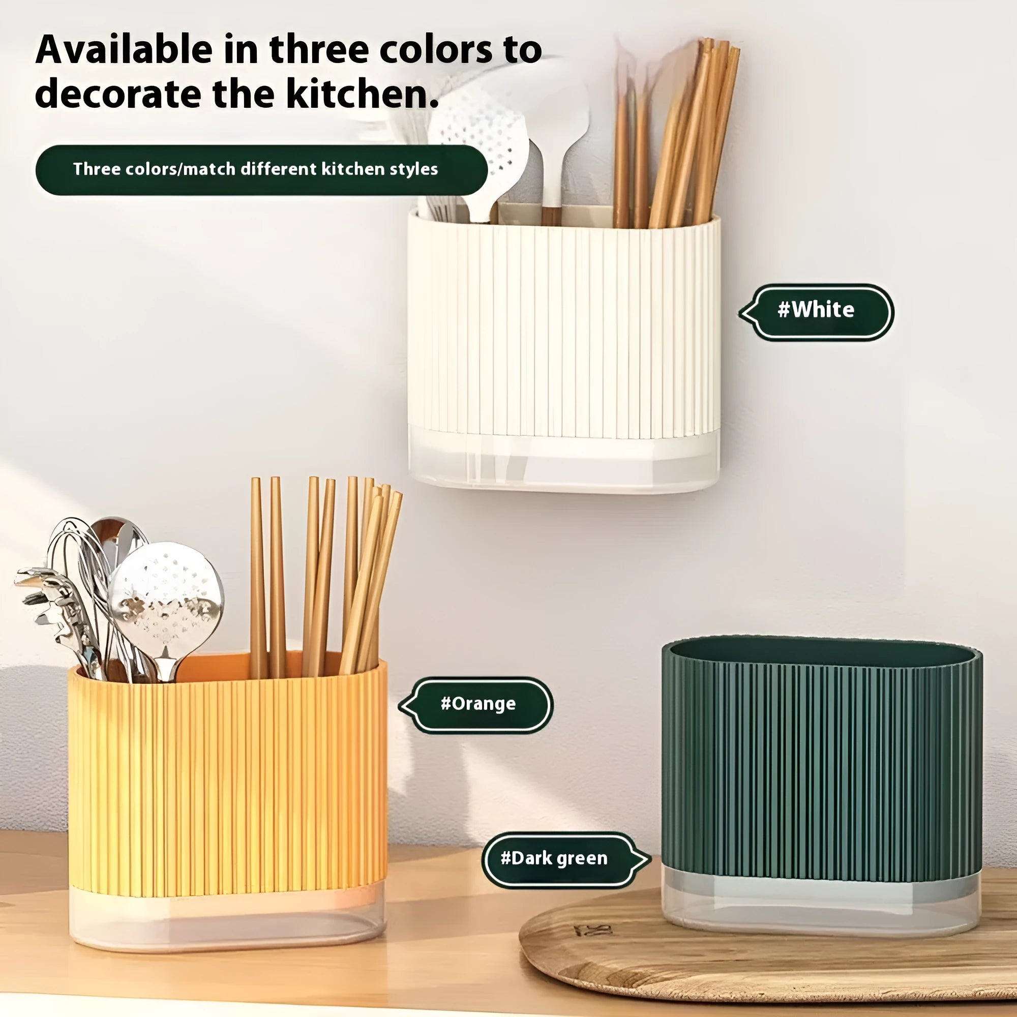 Plastic wall-mounted chopstick holder with drainage holes in beige, dark green or orange colour