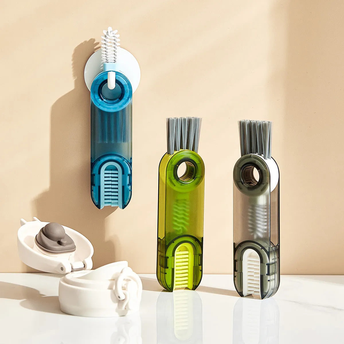 Transparent 3-in-1 multi-functional crevice cleaning brush with spiral head and bevel corner, 11.4 cm long