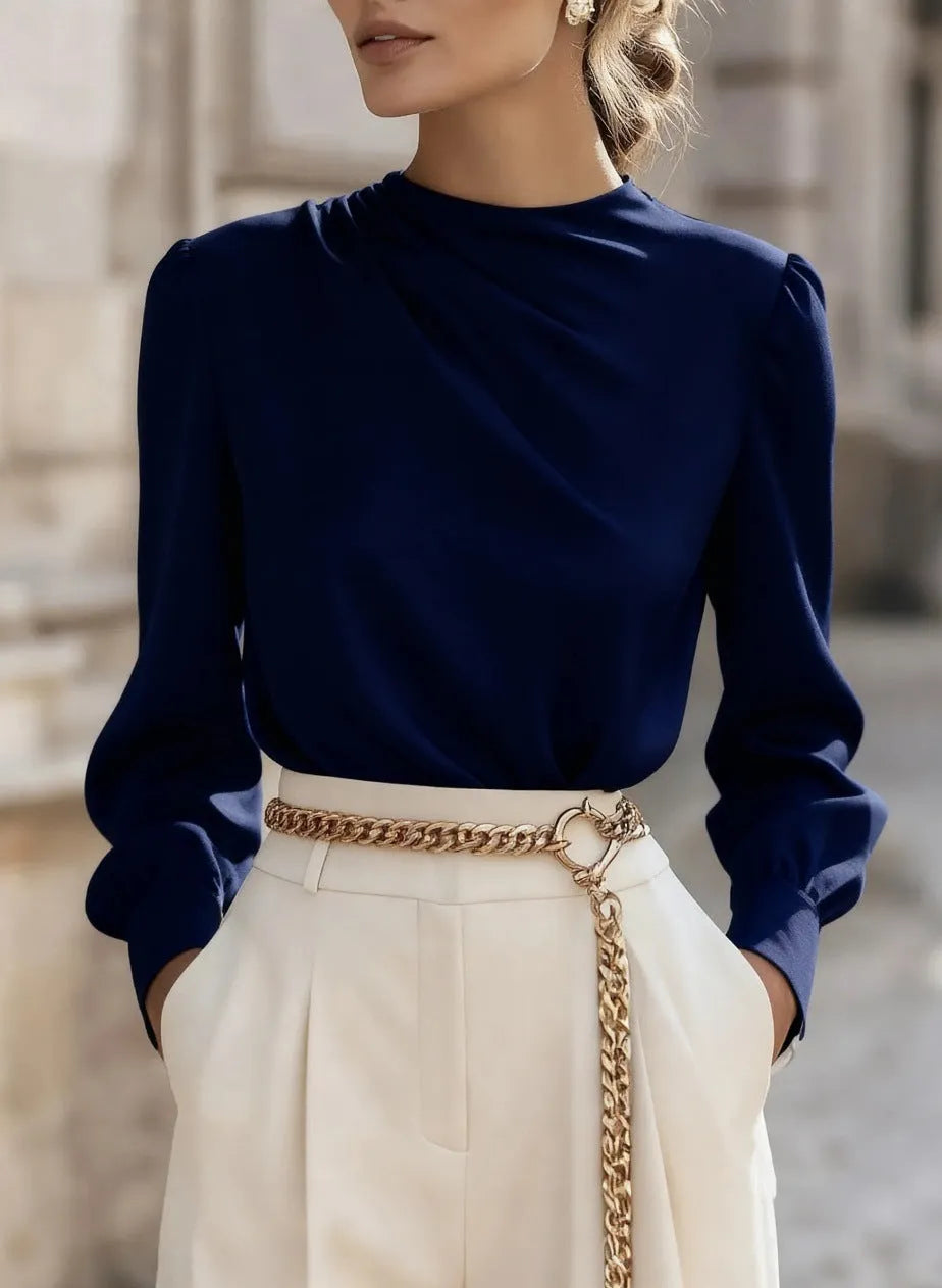 Women's solid colour pleated high-neck lantern sleeve blouse in black, front view