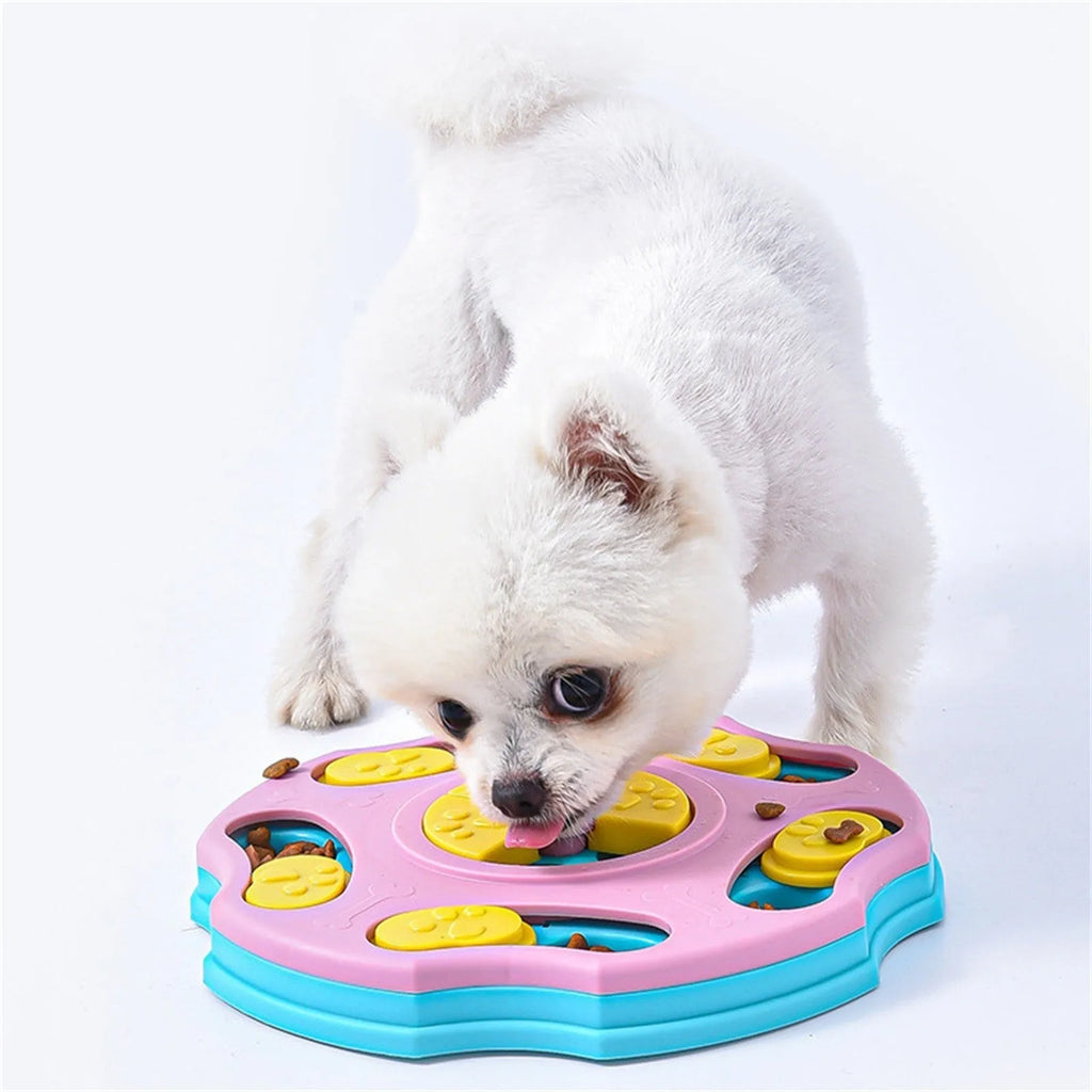 Blue dog puzzle feeder toy with interactive search-and-reward design for mental stimulation and slower eating.