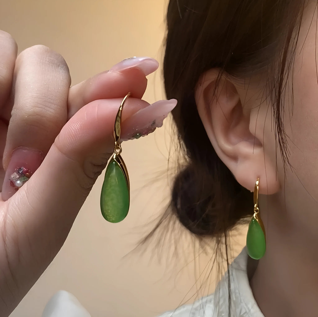Geometric Chinese style earrings with jade electroplating and water droplet design elements