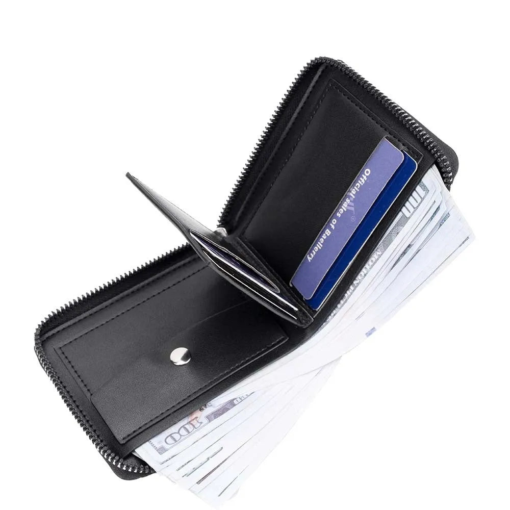 Black or brown leather anti-theft credit card wallet with zipper closure and embossed detailing