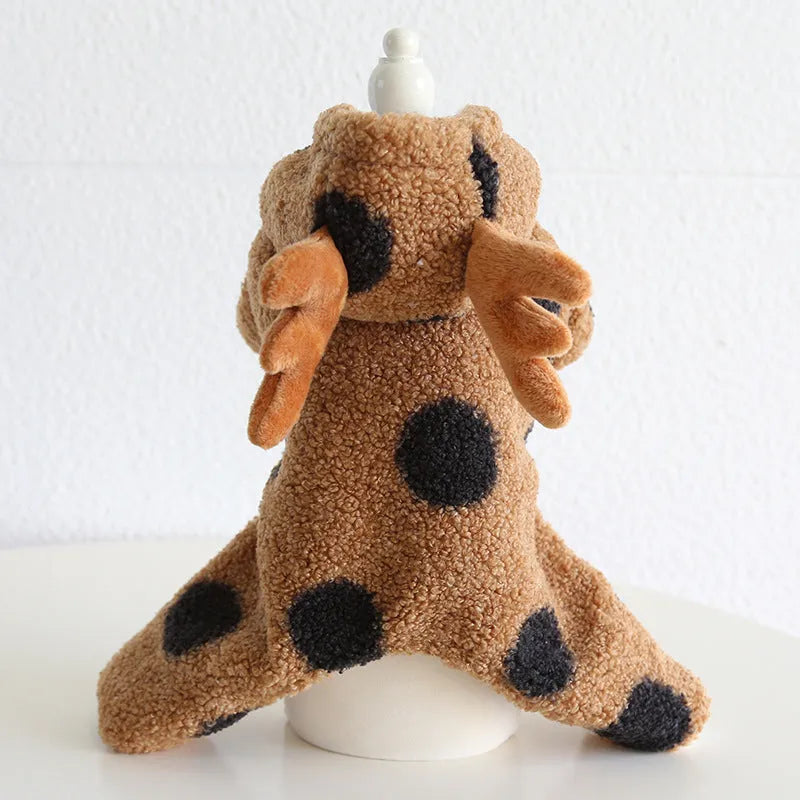 Polka dot patterned pet clothing for dogs and cats, shown in both four-legged jumpsuit and skirt styles.