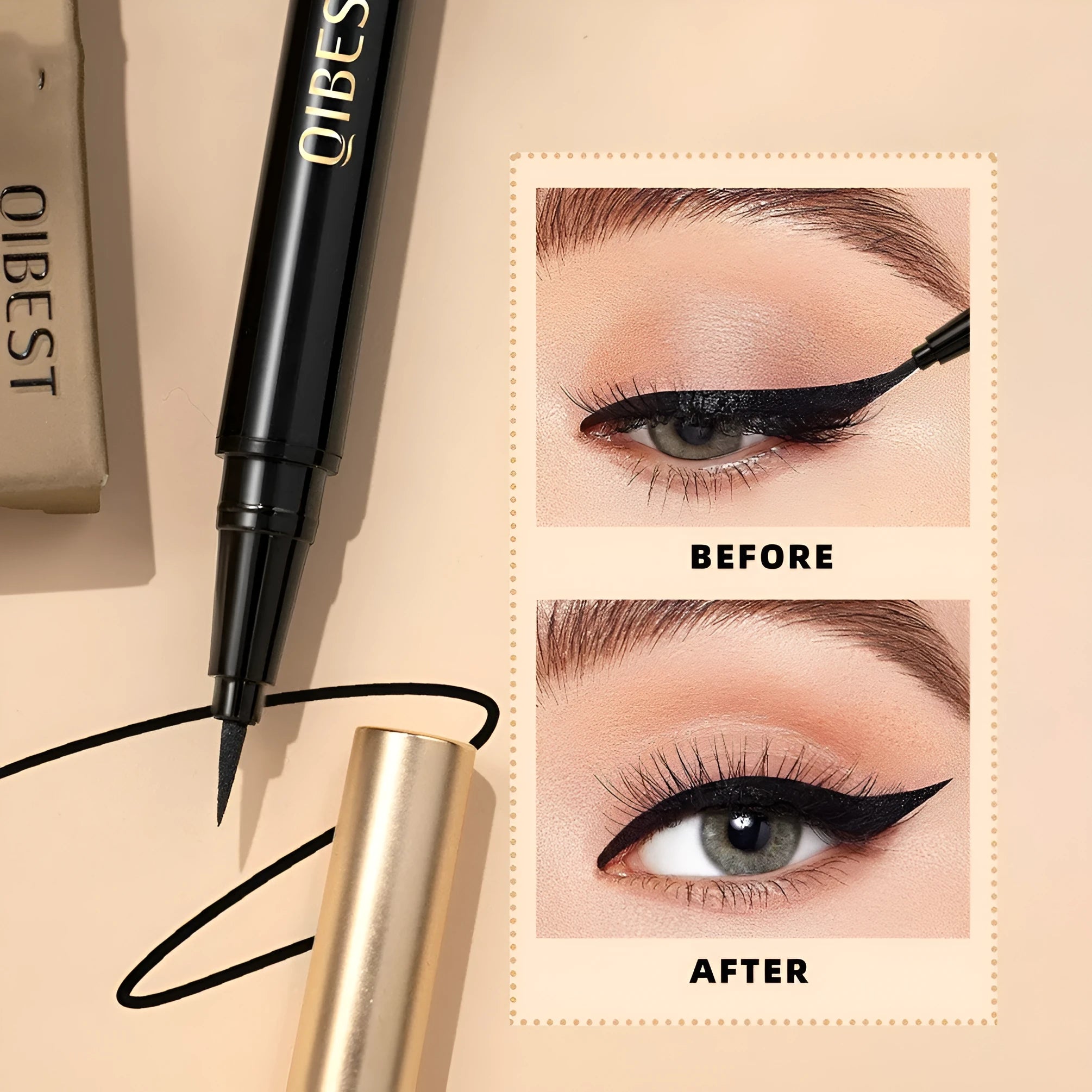 Black liquid eyeliner pen with fine tip applicator, labelled Q2407.