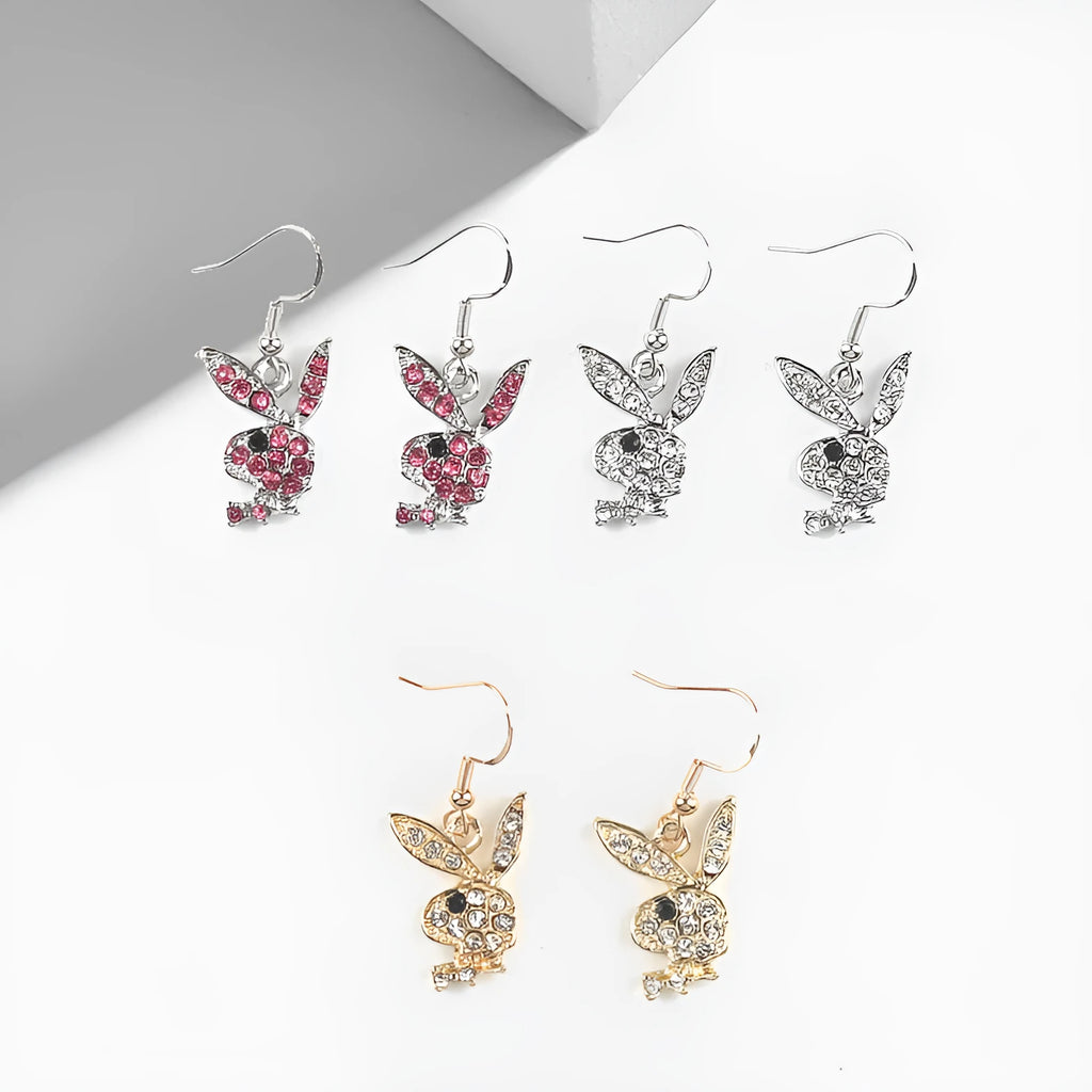 Rabbit-shaped stud earrings with diamond design in silver, pink, and gold alloy