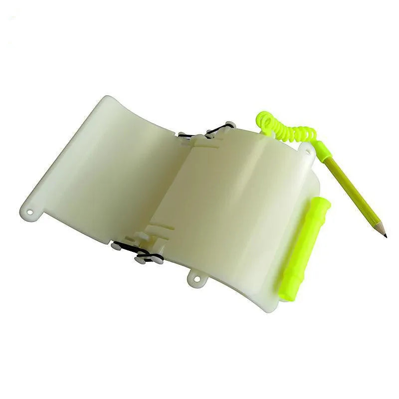 White luminous diving wristboard with writing surface and integrated pencil for underwater communication