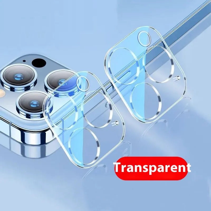 Tempered glass camera lens protector for iPhone showing integrated rear film covering camera module