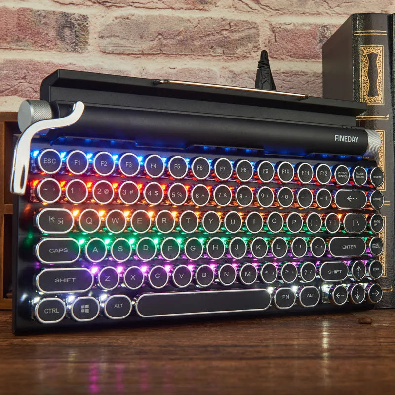 Black retro-style Bluetooth mechanical keyboard with RGB backlight on a wooden desk