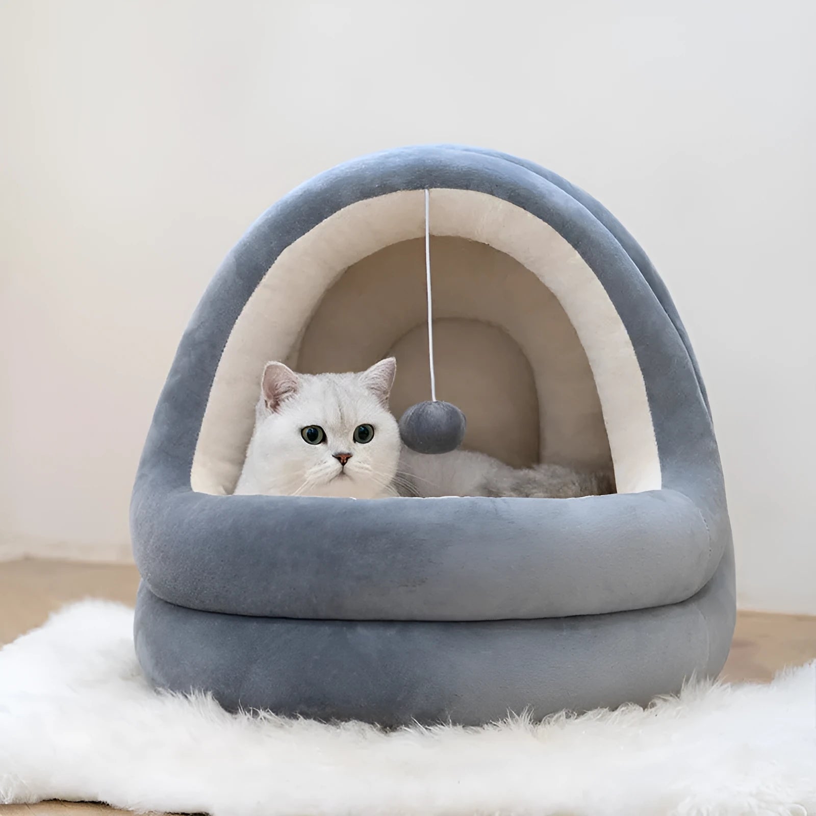 Cat house bed in crystal velvet with removable mattress, small size 42x40x38cm, Beige grey colour
