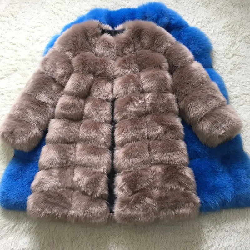 Women's thick artificial fur coat in apricot colour, shown with regular sleeves and 80 cm length