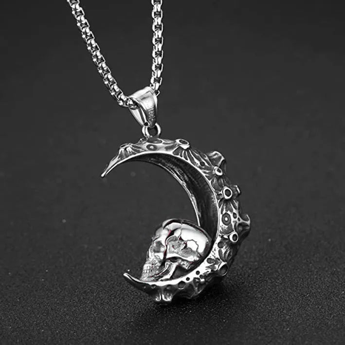 Men's silver skull necklace with stainless steel chain and six different alloy pendant designs