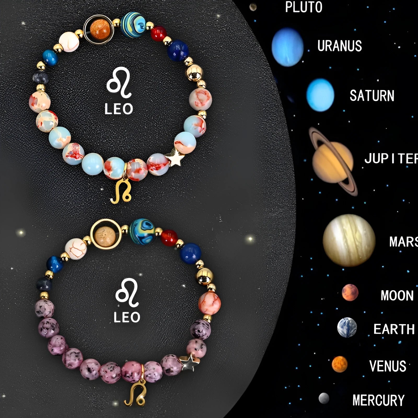 Set of two natural stone beaded bracelets showing zodiac sign designs on elasticated cords