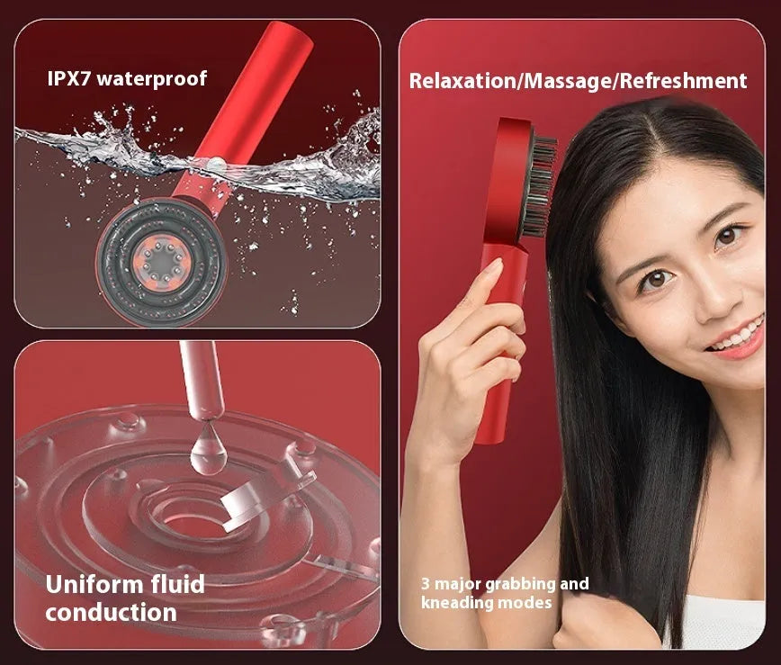 A handheld red and blue light therapy massage hair comb with a plastic body and Type-C charging port.