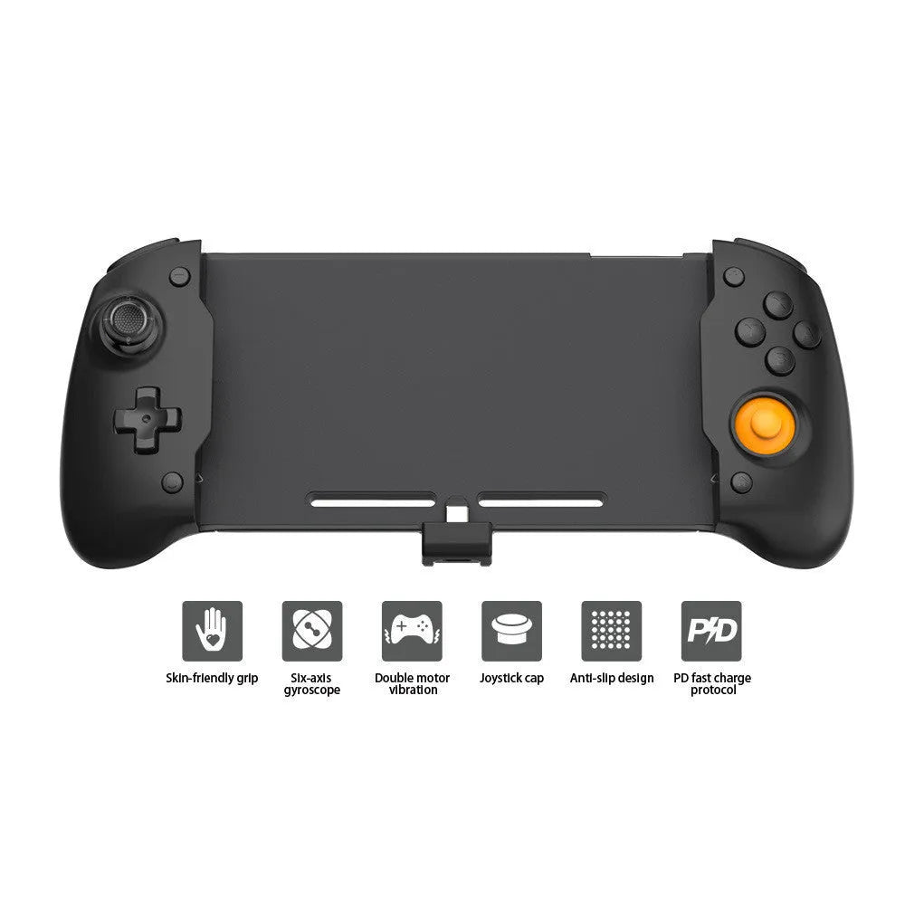 Black and white portable Nintendo Switch gamepad controller showing USB-C port.