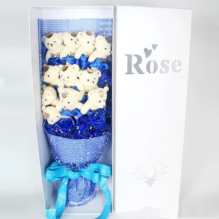 Handmade bouquet of 11 plush bears and 11 chiffon roses in a rose gift box