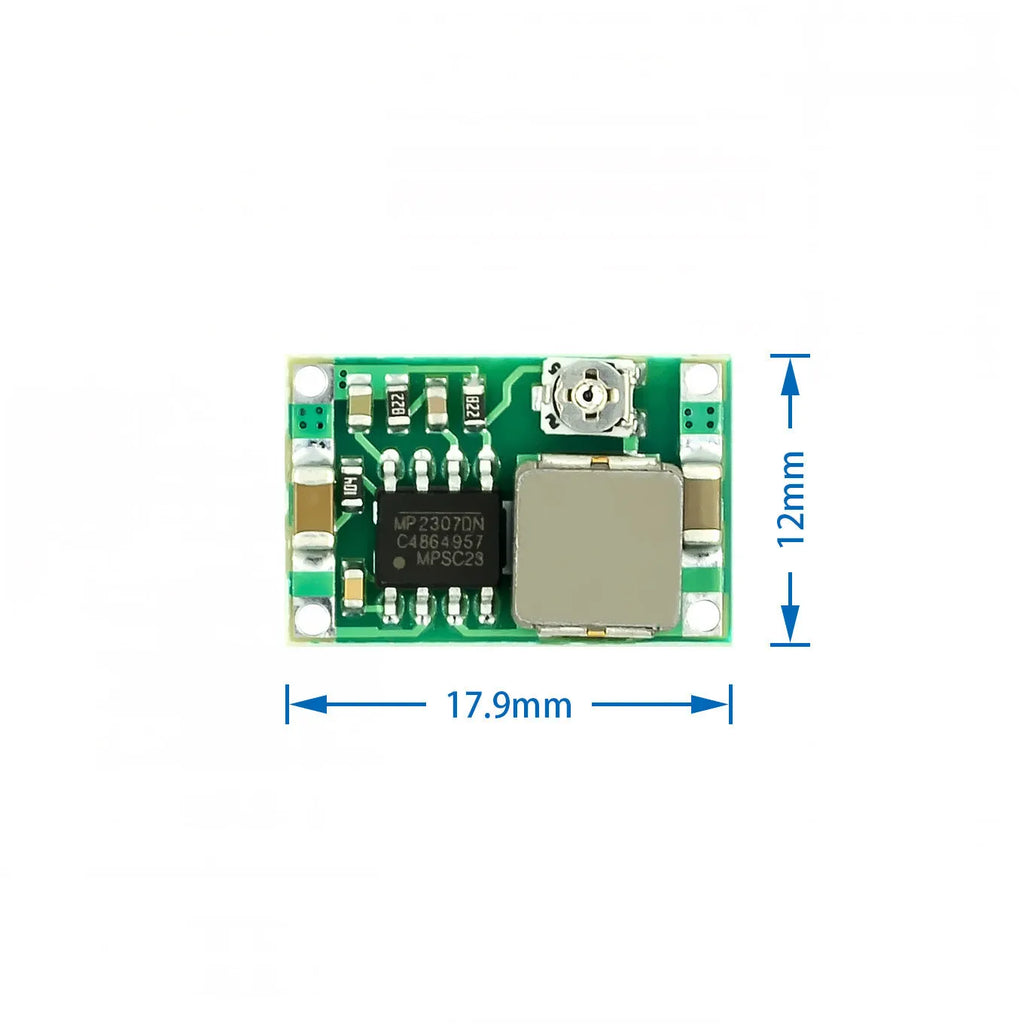 Mini-360 green DC-DC buck converter module measuring 17x11x3.8mm with adjustable voltage output