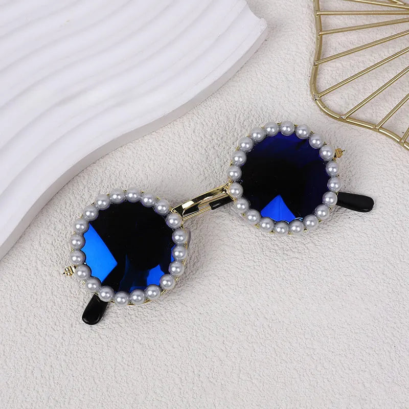 Pearl-rimmed round sunglasses for pets on cat and dog with black, blue, coffee, orange and purple colour options