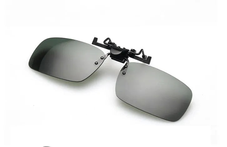 Myopia sunglasses clip in PC material for driving, shown in dark green, grey, and night vision lens options.
