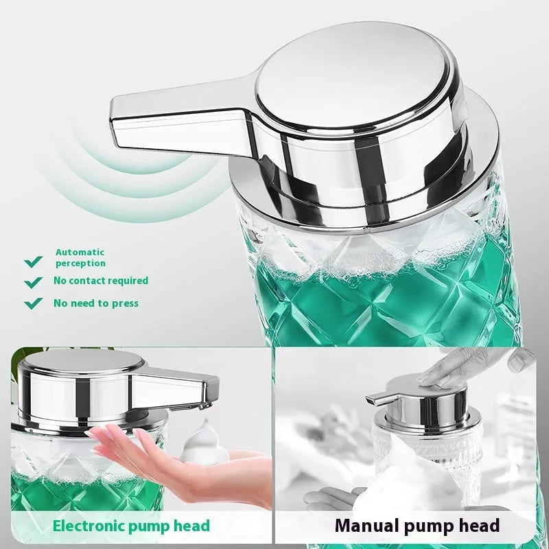 Automatic intelligent charging soap dispenser with plated silver shell and Type-C port.