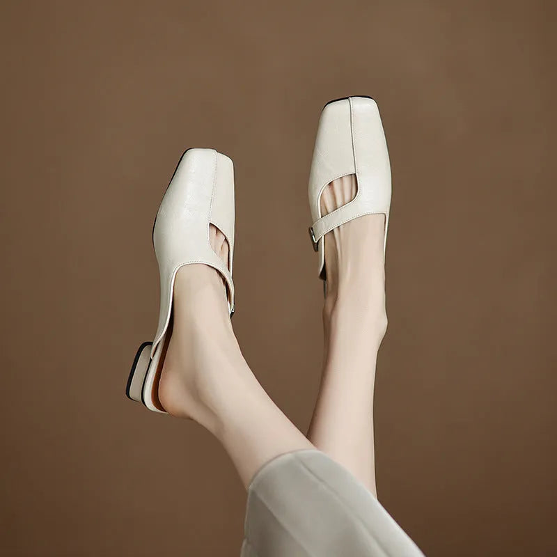 British style square head casual slippers in beige with an artificial PU upper and rubber sole.
