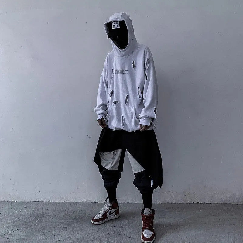 White loose ripped hoodie for men with hooded collar and distressed holes, autumn casual wear