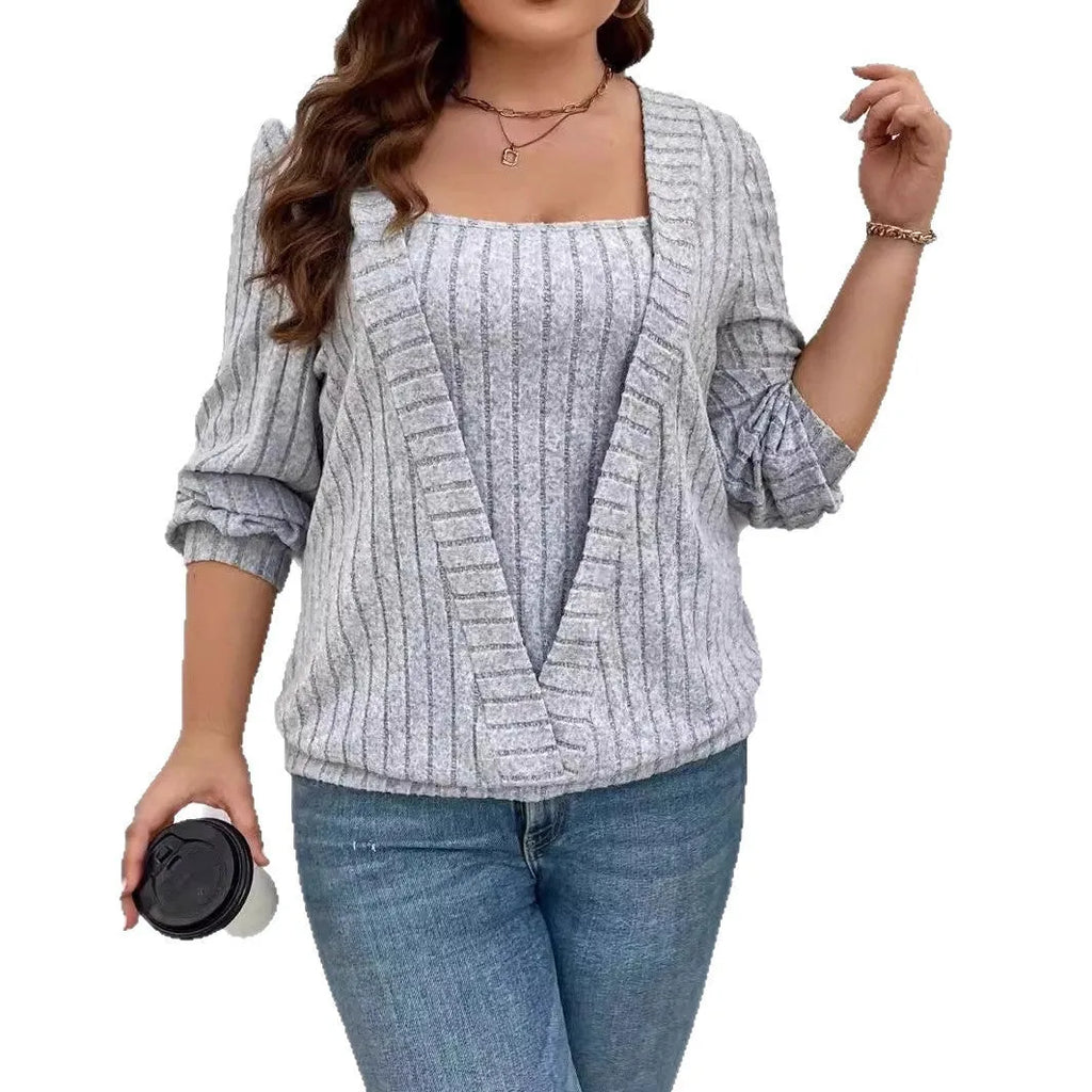 Women's solid colour ribbed false two-piece suit with V-neck and long sleeves