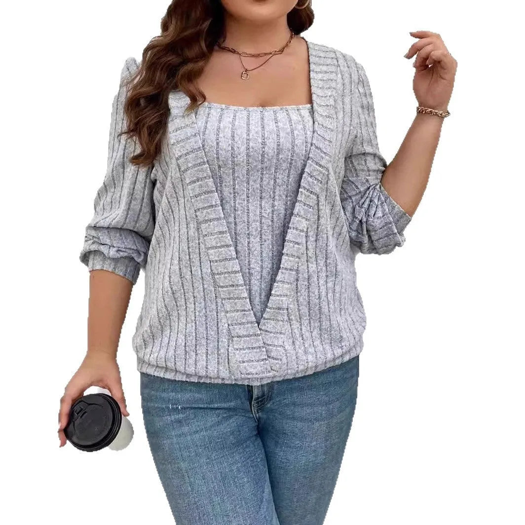 Women's solid colour ribbed false two-piece suit with V-neck and long sleeves
