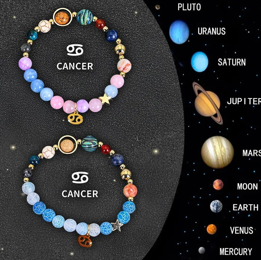 Set of twelve natural stone beaded bracelets, each with a different zodiac sign charm.