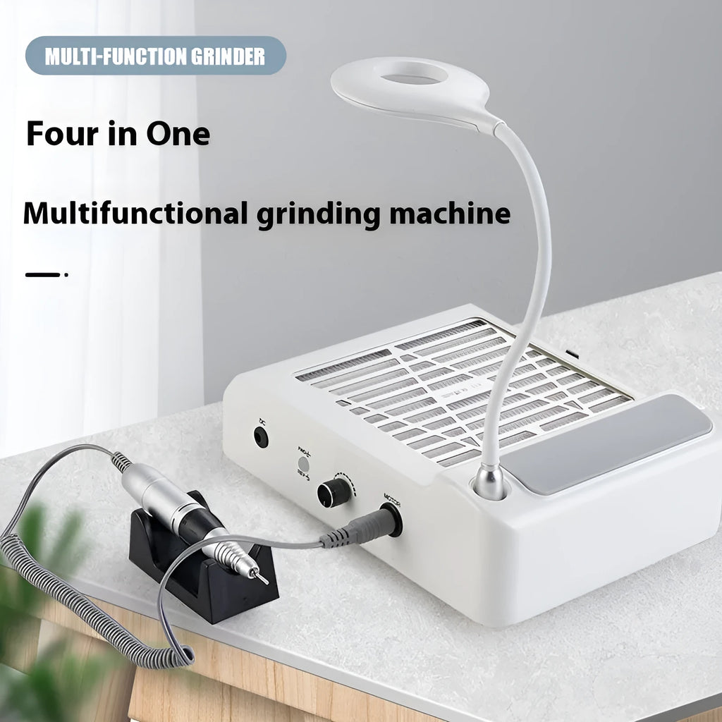 White four-in-one nail polishing machine with vacuum cleaner and international power adapters