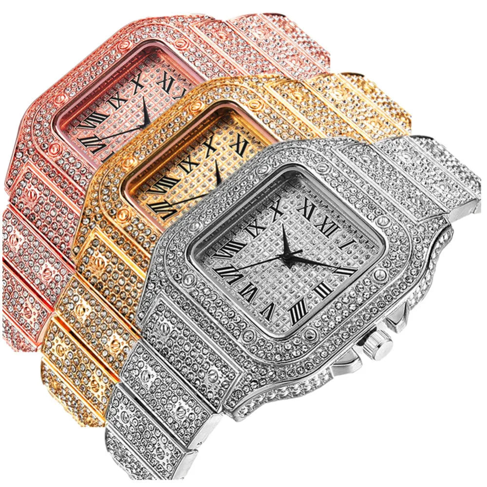 Gold Roman numeral quartz watch with diamond studs and black mesh band, with matching bracelet and necklace.