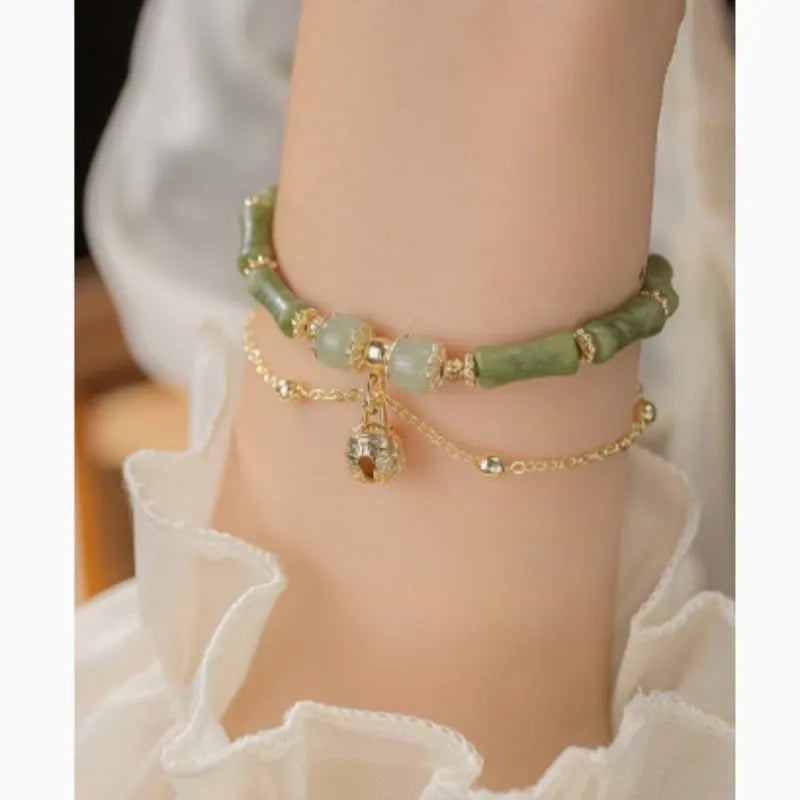 Women's Hetian jade bamboo bracelet on wrist, adjustable 15+3 cm, natural stone geometric design