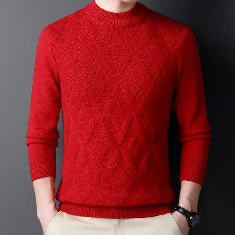 Men's diamond jacquard wool blend winter sweater in light camel colour on a hanger