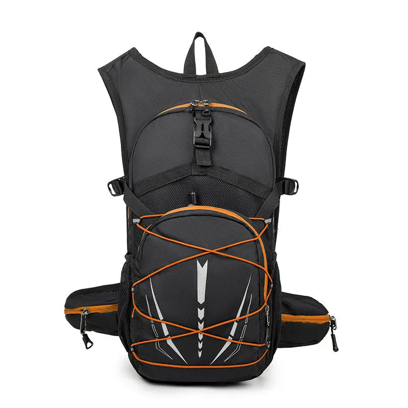 Lightweight breathable mesh hydration backpack in black with reflective details for trail running or mountain biking