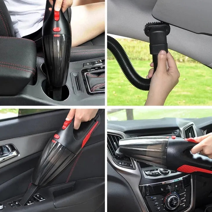 Black handheld 120W wet dry car vacuum cleaner with long nozzle and brush on car seat