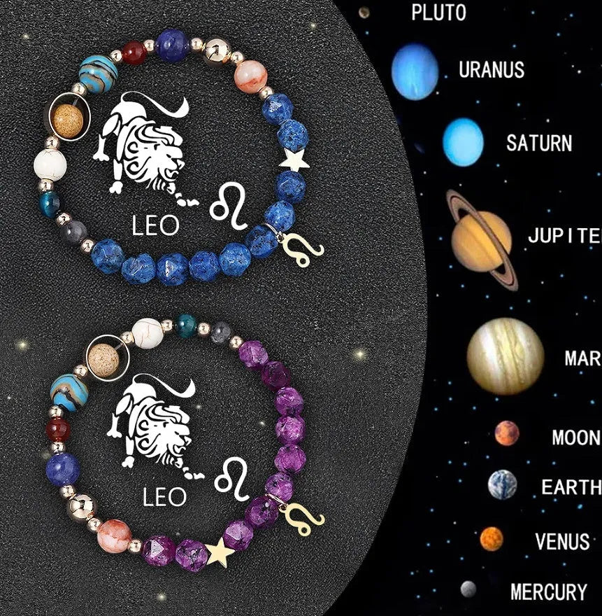 Two adjustable beaded bracelets with natural stone zodiac charms and metal accents on a wrist.