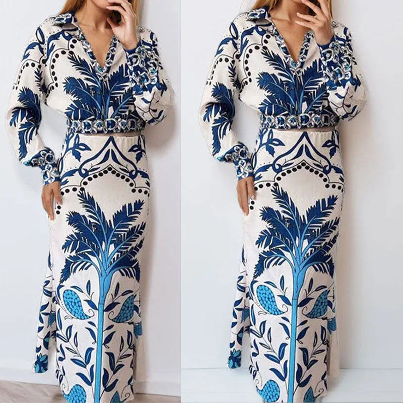 Women's floral casual set with long sleeve top and matching skirt in early spring pattern