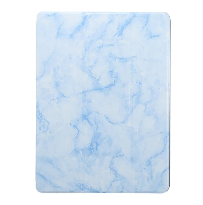 Tri-fold imitation leather iPad case with marbling pattern and integrated Apple Pencil slot.