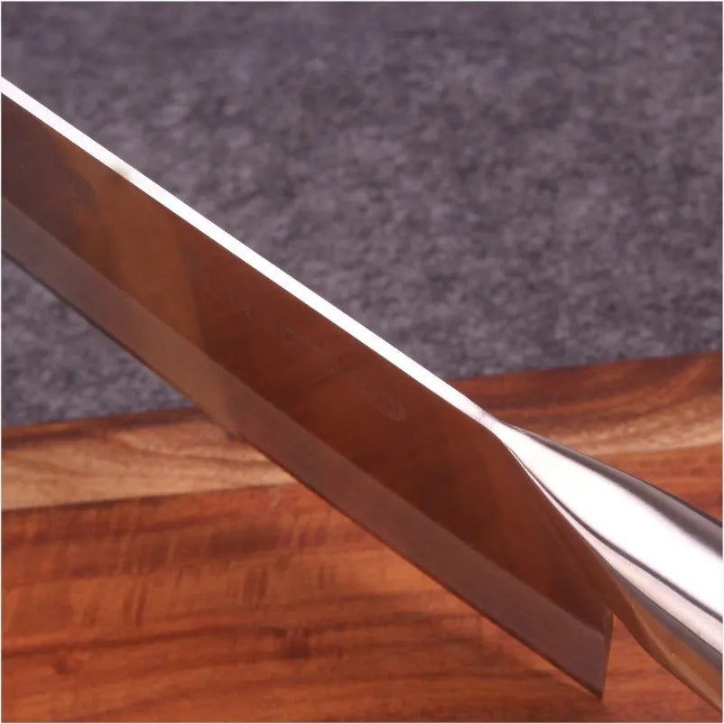 Stainless steel kitchen knife with 19.8cm blade, 60 degree edge, and yellow wooden handle on a cutting board