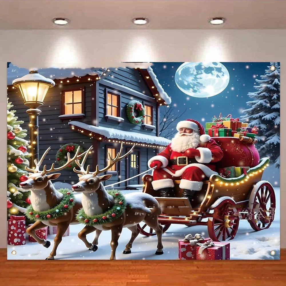 Christmas banner with Santa Claus design measuring 210cm by 150cm for holiday decorations