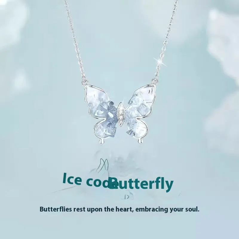 Bingyu Butterfly Necklace with ice rain design on S925 silver chain, adjustable 41-50cm length