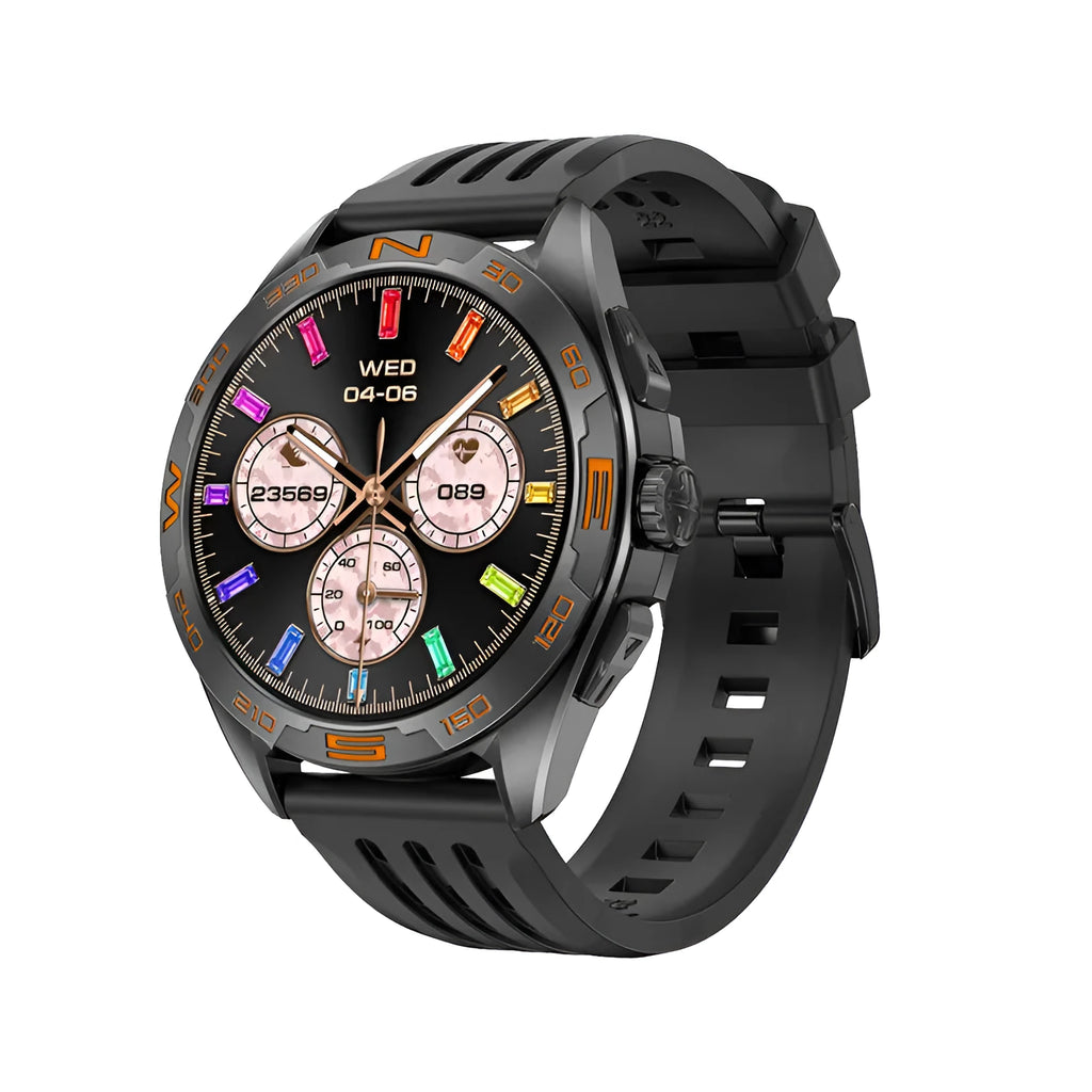 Smart watch with health monitoring display showing blood pressure, heart rate and WhatsApp message reply function