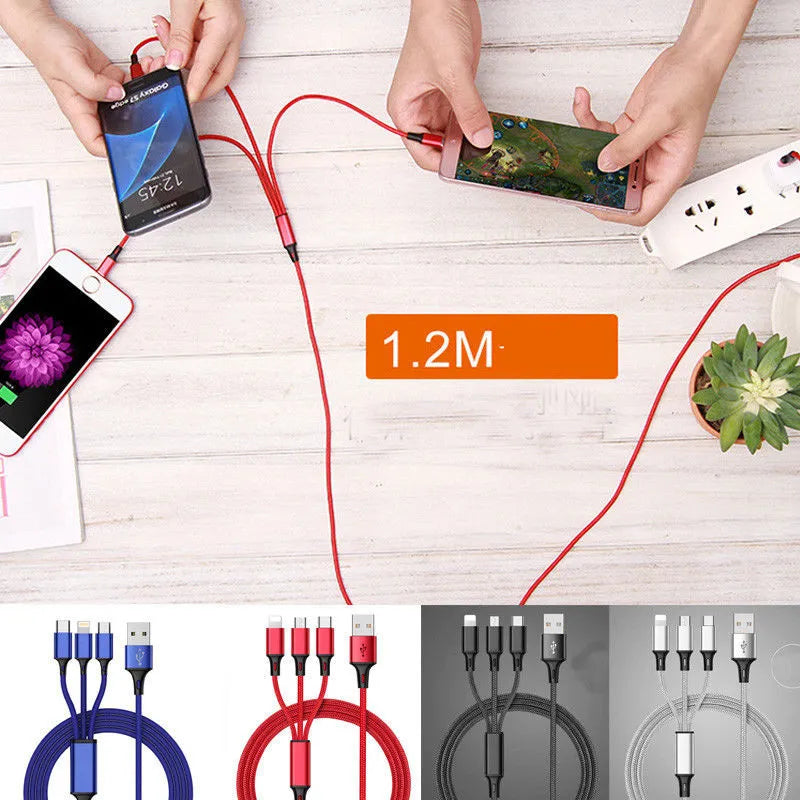 3-in-1 braided charging cable with Lightning, Micro-USB and Type-C connectors in nylon braiding