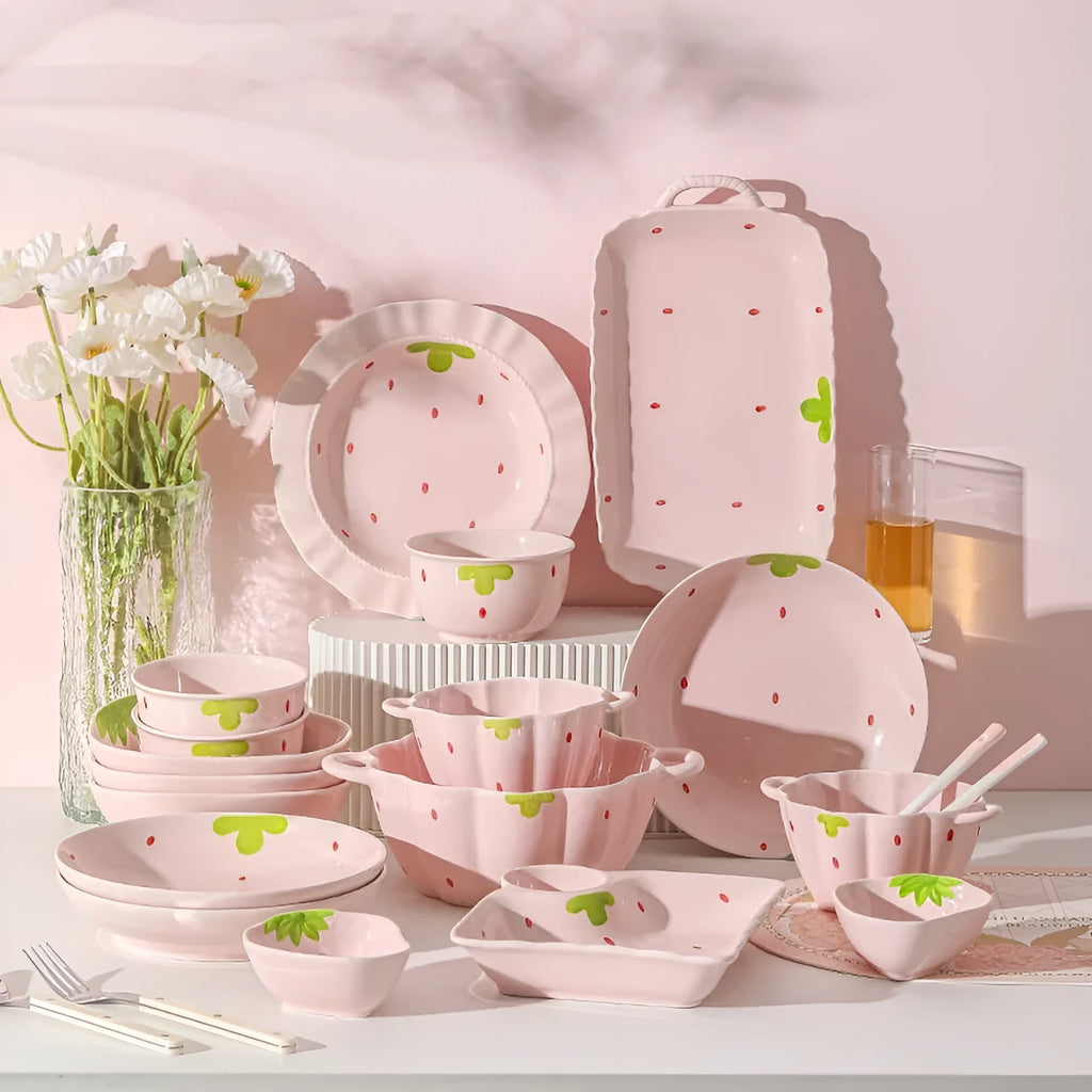 Strawberry pattern ceramic dinnerware set with flower bowls, straw hat plate, and twist spoon