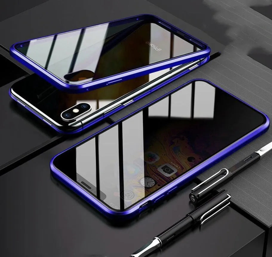 Glass anti-spy phone case with closed clamshell design showing geometric styling