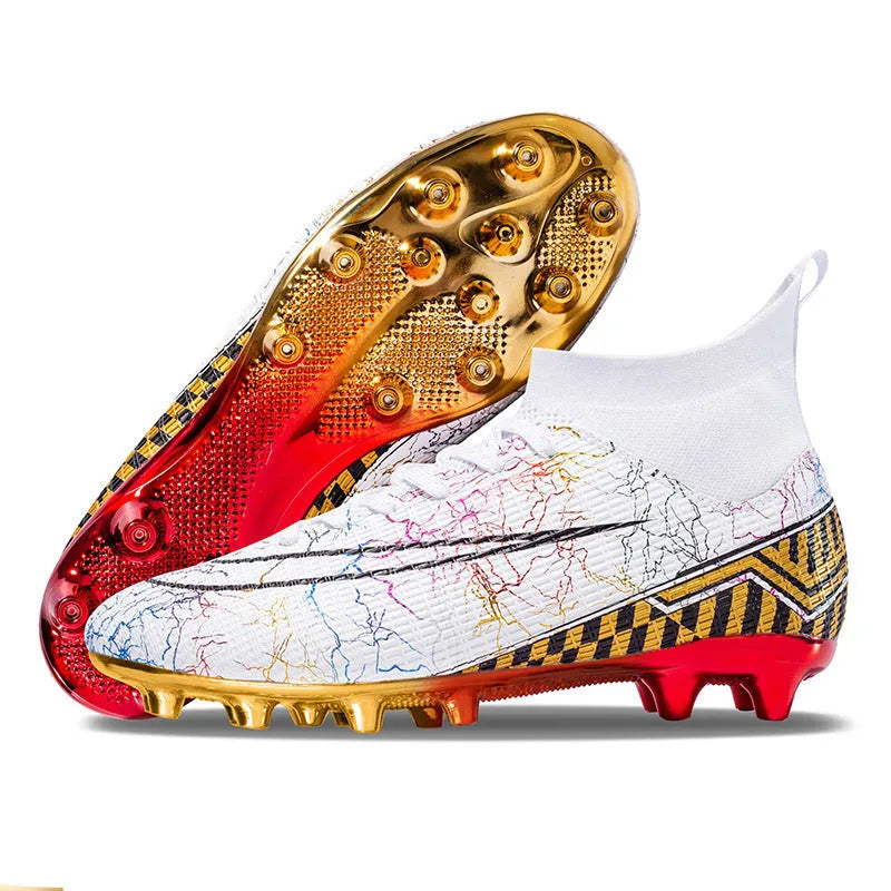 Men's high-top football training shoes with a gold-plated sole on an artificial grass surface