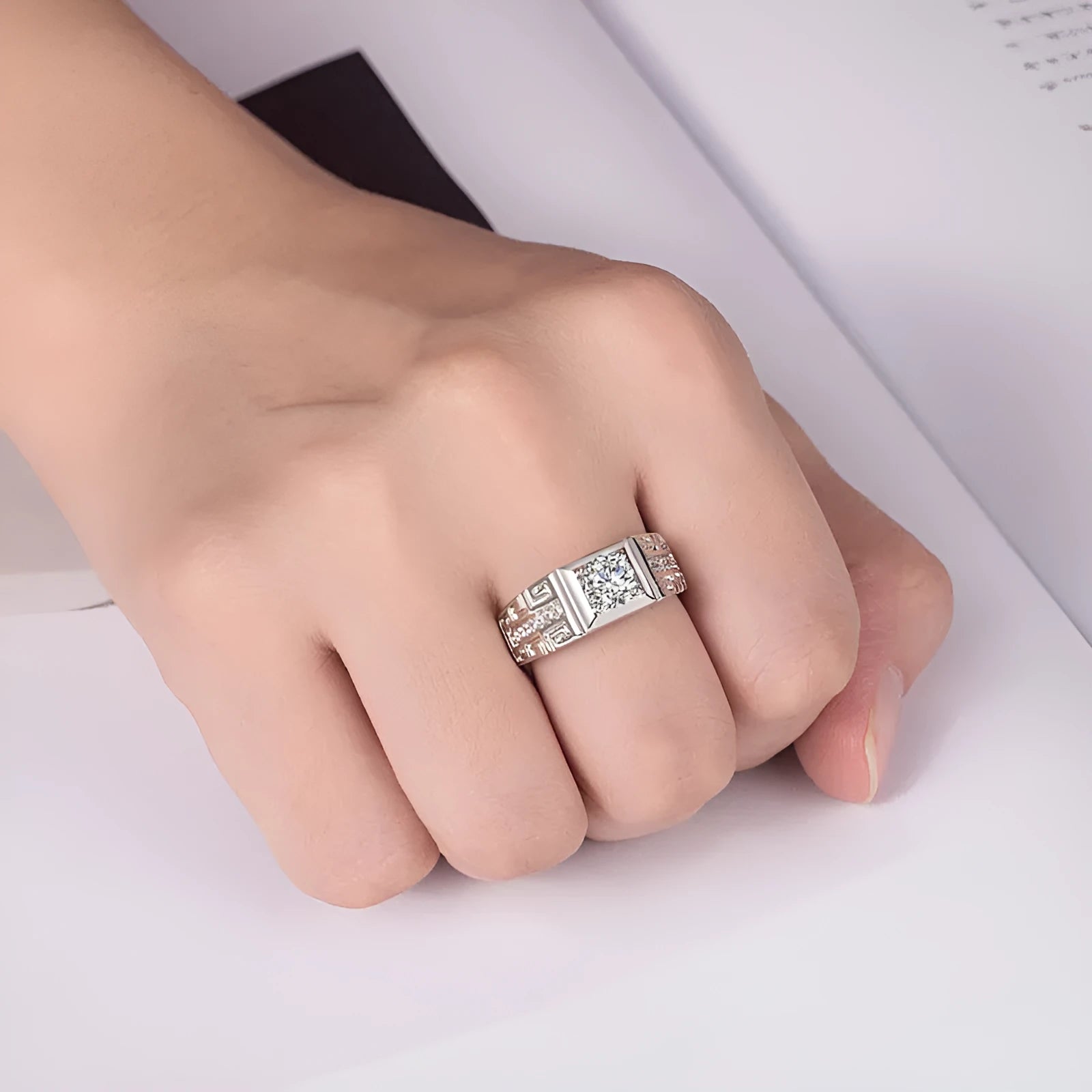 Geometric white gold moissanite ring for men with clean lines and brilliant stone